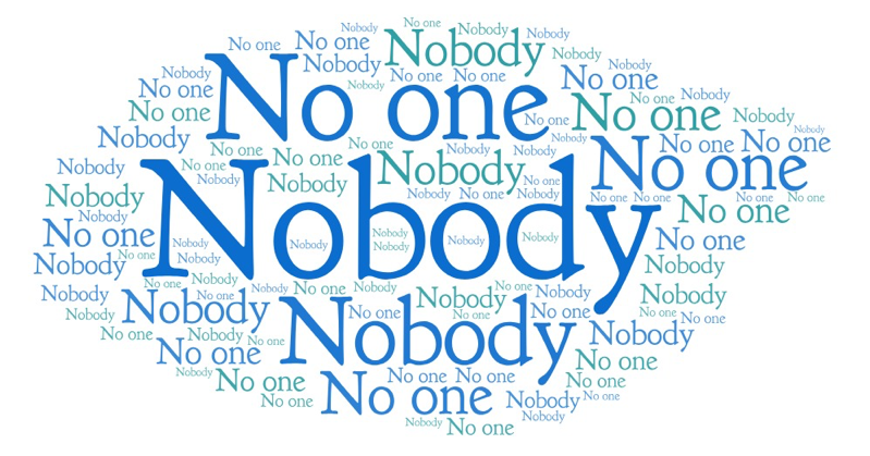 A word cloud shaped like an oval containing repeated phrases ‘Nobody’ and ‘No one’ in various sizes and shades of blue and green, emphasizing that no one helped during the exoneration process.